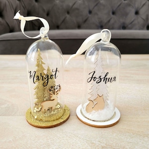 Personalized Woodland Christmas Ornament Gift: Wolf or Deer Glass Cloche