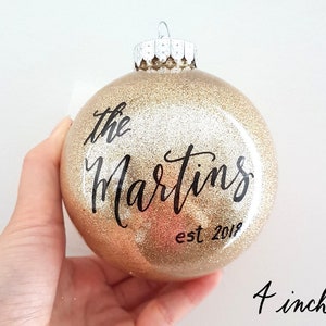 4 Newlywed Christmas Ornament Personalized established gift with calligraphy, custom newlywed gift, Gold Glitter Holiday Decor, plastic image 2