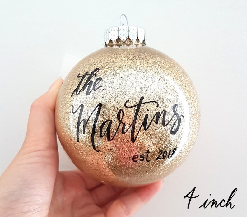 4 Newlywed Christmas Ornament Personalized established gift with calligraphy, custom newlywed gift, Gold Glitter Holiday Decor, plastic image 2