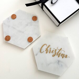 4.5 Personalized Marble Coasters for Bride and Groom, Hand Lettered Mr. & Mrs. Bridal Shower Gift for Newlyweds set of 2, Hexagon image 5