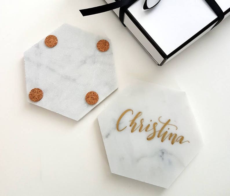 4.5 Personalized Marble Coasters for Bride and Groom, Hand Lettered Mr. & Mrs. Bridal Shower Gift for Newlyweds set of 2, Hexagon image 5