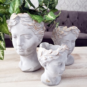 Greek Goddess Head Planter Personalized for Mother's Day Gift, Woman Bust Face Planter, Outdoor Cement Head Statue, Flower Crown Head Pot image 2