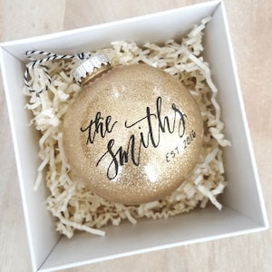 4" Newlywed Christmas Ornament Personalized established gift with calligraphy, custom newlywed gift, Gold Glitter Holiday Decor, plastic