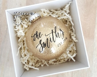 4" Newlywed Christmas Ornament Personalized established gift with calligraphy, custom newlywed gift, Gold Glitter Holiday Decor, plastic