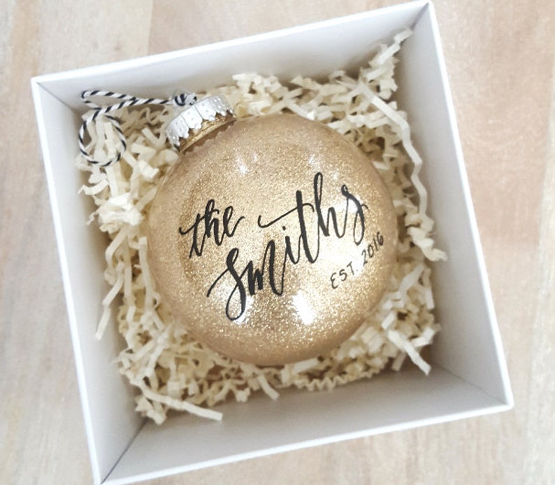 4 Newlywed Christmas Ornament Personalized established gift with calligraphy, custom newlywed gift, Gold Glitter Holiday Decor, plastic image 1