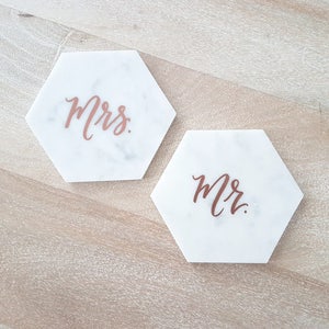 4.5 Personalized Marble Coasters for Bride and Groom, Hand Lettered Mr. & Mrs. Bridal Shower Gift for Newlyweds set of 2, Hexagon image 2