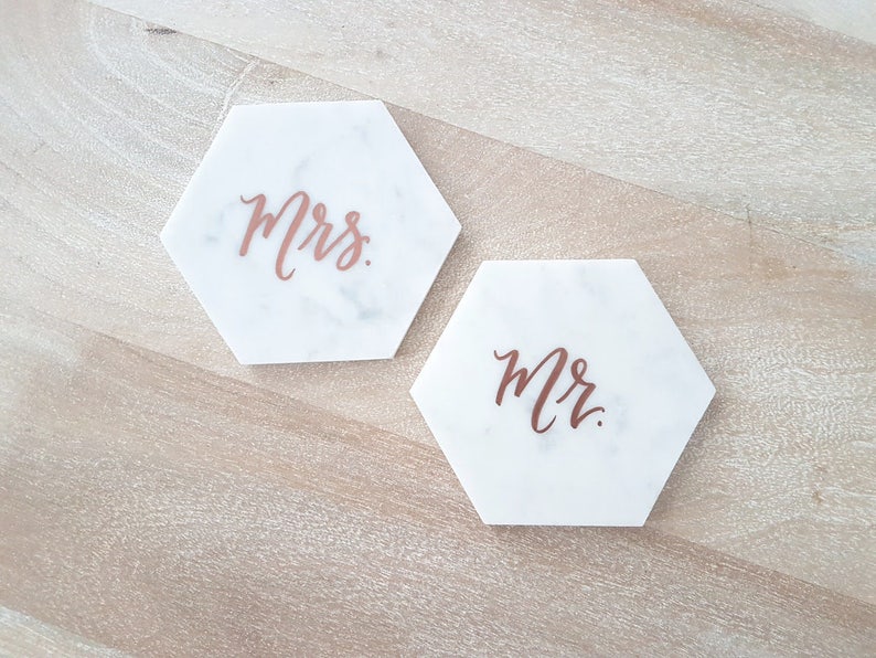 4.5 Personalized Marble Coasters for Bride and Groom, Hand Lettered Mr. & Mrs. Bridal Shower Gift for Newlyweds set of 2, Hexagon image 2