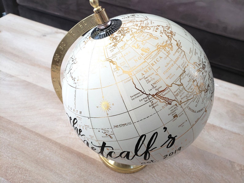 8 Gold Wedding Guestbook Globe, Wedding Globe, Personalized Calligraphy Globe, Gold Globe Guest book alternative, Destination Wedding Decor image 4