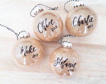 Personalized GOLD CHRISTMAS ORNAMENT, holiday decor, Hand Lettered calligraphy name ornament - One (name only, gold, plastic, 3.15" ball)