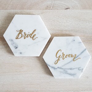 4.5 Personalized Marble Coasters for Bride and Groom, Hand Lettered Mr. & Mrs. Bridal Shower Gift for Newlyweds set of 2, Hexagon image 6