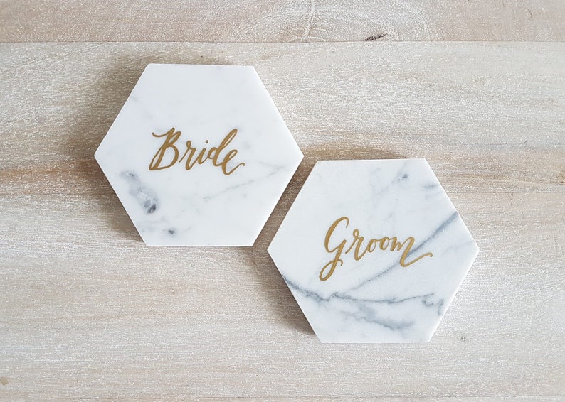 4.5 Personalized Marble Coasters for Bride and Groom, Hand Lettered Mr. & Mrs. Bridal Shower Gift for Newlyweds set of 2, Hexagon image 6