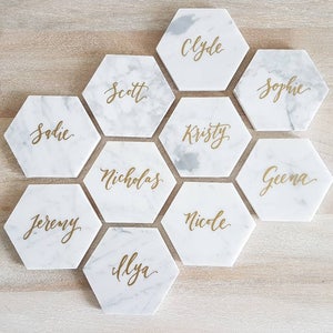 4.5 Personalized Marble Coasters for Bride and Groom, Hand Lettered Mr. & Mrs. Bridal Shower Gift for Newlyweds set of 2, Hexagon image 4