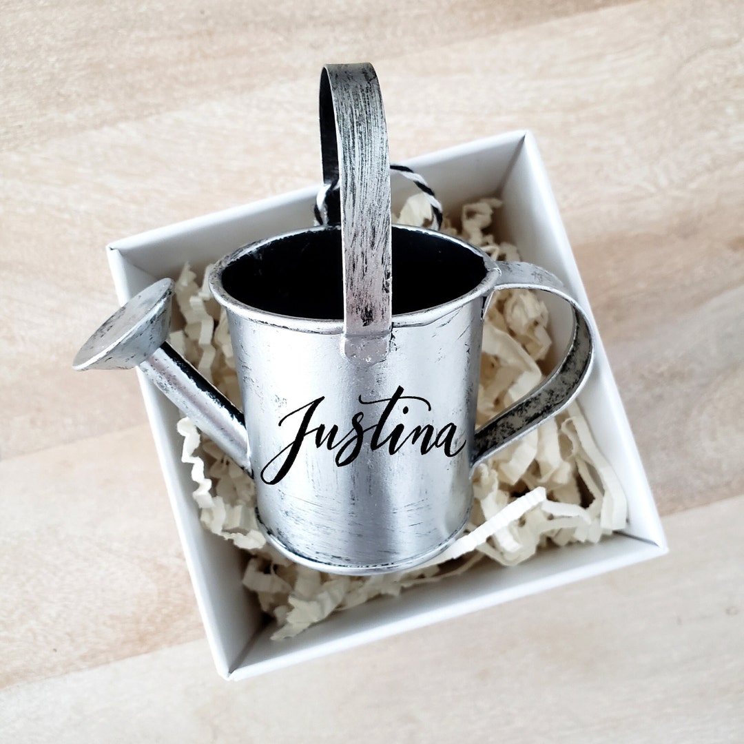 Personalized Watering Can Christmas Ornament, Gardener Gift, Silver