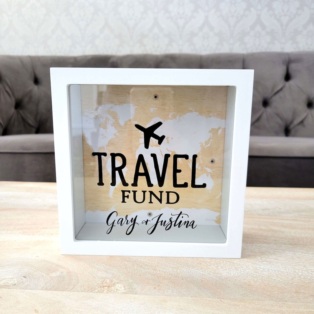 Personalized Travel Fund Money Box, Vacation Piggy Bank, Honeymoon Fund
