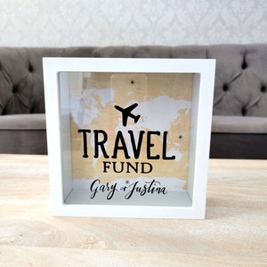 Personalized Travel Fund Money Box, Vacation Piggy Bank, Honeymoon Fund Gift, Couple Bridal Shower Gift, Cash or Change Box, World Map