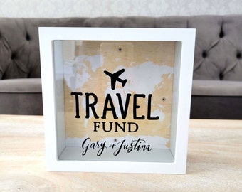 Personalized Travel Fund Money Box, Vacation Piggy Bank, Honeymoon Fund Gift, Couple Bridal Shower Gift, Cash or Change Box, World Map