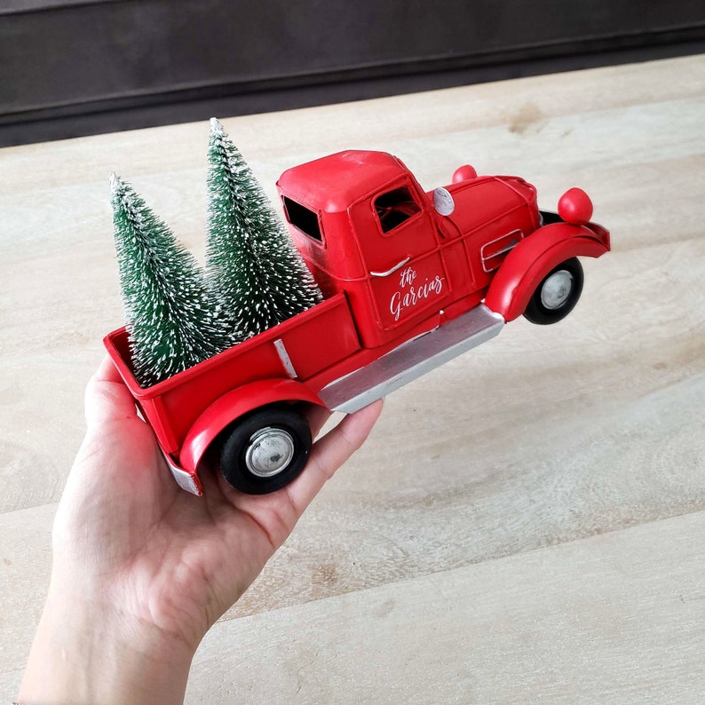 Red Truck Holiday Mantel Decor, Personalized Christmas Decor, Old Fashioned Truck Car, Established Gift, Custom Christmas Decor, Home Gifts image 3
