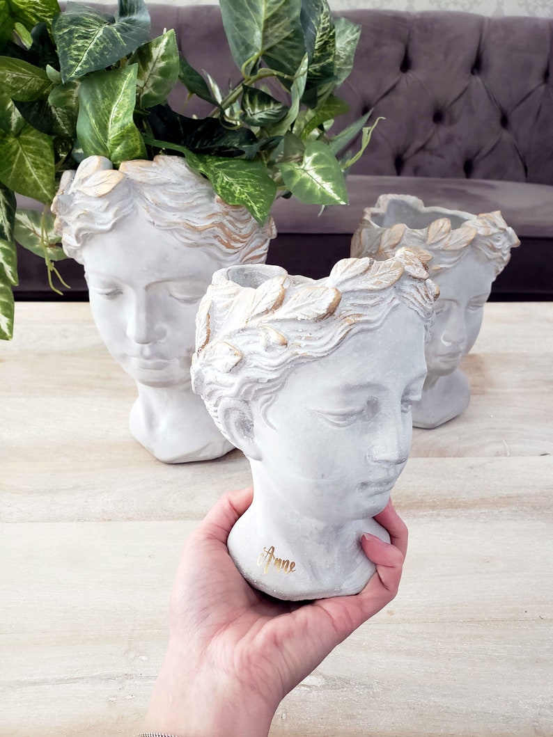 Greek Goddess Head Planter Personalized for Mother's Day Gift, Woman Bust Face Planter, Outdoor Cement Head Statue, Flower Crown Head Pot image 4