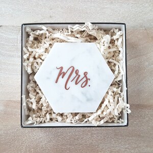 4.5 Personalized Marble Coasters for Bride and Groom, Hand Lettered Mr. & Mrs. Bridal Shower Gift for Newlyweds set of 2, Hexagon image 3