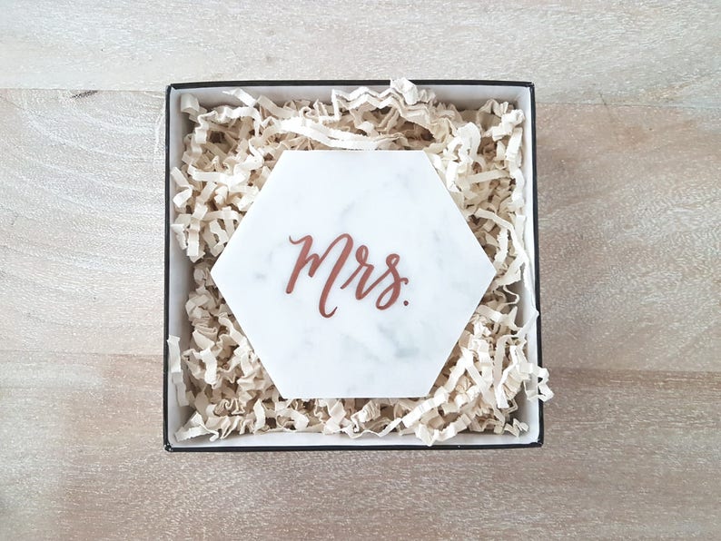 4.5 Personalized Marble Coasters for Bride and Groom, Hand Lettered Mr. & Mrs. Bridal Shower Gift for Newlyweds set of 2, Hexagon image 3