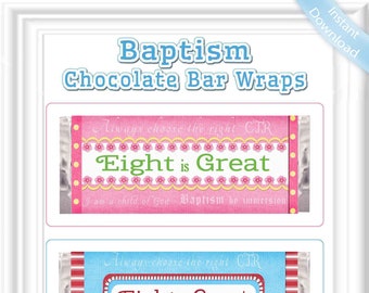 Baptism chocolate bar wraps in blue and pink, Primary baptism printable gift for girls and boys, lds chocolate bar wrapper,Instant Download