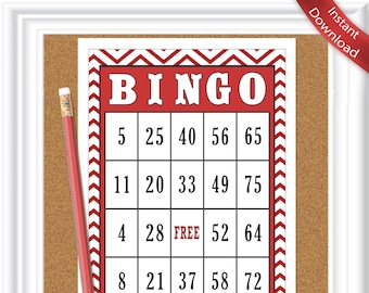 36 card BINGO -No DUPLICATES, Birthday, Valentine's Day,  Classroom, Red and white chevron bingo, Instant Download diy PRINTABLE, 017