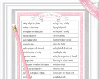 CHARADES Baby Shower Game en un estilo vintage con acentos rosas, bricolaje IMPRIMIBLE, 12BA