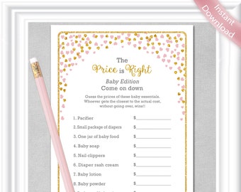 The PRICE is RIGHT baby shower game with gold and blush colored hearts, Instant Download, diy PRINTABLE, 38BA
