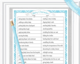 Juego de baby shower CHARADES en un estilo vintage con acentos azules, Instant Download diy PRINTABLE charades game, divertida actividad de ducha, 13BA
