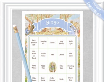May include: A printable bingo card with a Peter Rabbit theme. The card has a blue and green border and features images of Peter Rabbit and other characters from the book. The squares on the card contain words related to baby items, such as "baby spoon or fork", "changing pad", "lotion", "baby powder", "night light", "hair brush or comb", "picture frame", "bibs", "onesie", "gift card", "baby wipes", "sippy cup", "baby hat", "parenting book", "crib sheets", "story-book", "baby monitor", "rattle", "diaper bag", "nursing or bottle supplies", "high chair", "socks", and "burp cloth".