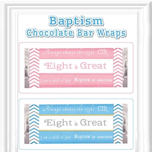 BAPTISM CHOCOLATE Bar WRAPS (5.5&quot; x 5&quot;) in blue and pink, fits standard sized (1.45 to 1.55 oz) chocolate bars, Baptism/classroom gift, lds