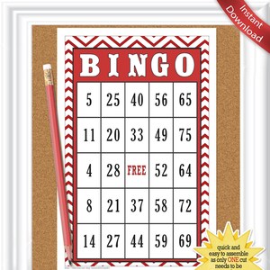 BINGO de 36 cartas -Sem DUPLICAÇÕES, Aniversário, Dia dos Namorados, Sala de aula, Bingo chevron vermelho e branco, Download instantâneo diy PRINTABLE, 017