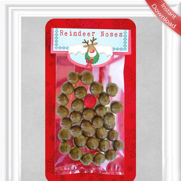 Instant Download Reindeer Noses Bag Toppers in 2 sizes, Christmas Treat Bag Topper, Stocking Stuffers, Holiday Gift for friends and family