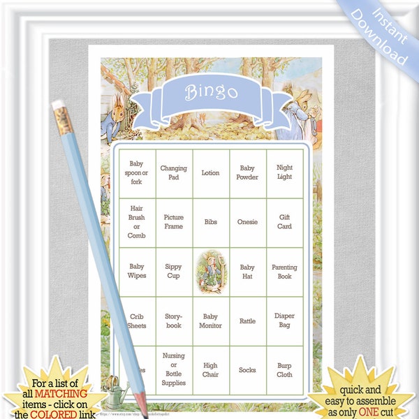 36 card BABY BINGO game with a childhood favorite - Peter Rabbit, pre-populated Baby Shower cards, no DUPLICATES, vintage theme, 80BA