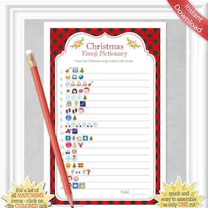 EMOJI Christmas Songs Pictionary with a red buffalo check background, Christmas party game, Office Party, ANSWERS included,Instant Download