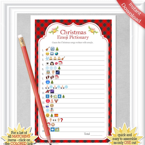 EMOJI Christmas Songs Pictionary avec un fond de carreaux de buffle rouge, jeu de fête de Noël, fête de bureau, RÉPONSES incluses, téléchargement instantané