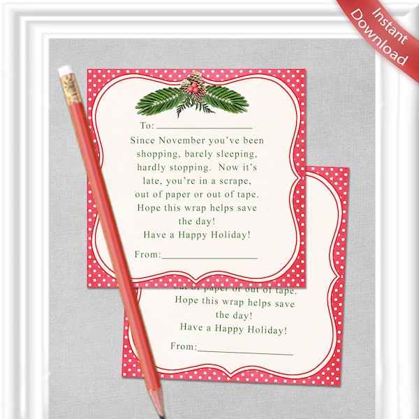 WRAPPING PAPER TAG, Printable Christmas gift for a teacher, neighbor etc., perfect last minute gift idea, Instant Download