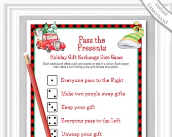 Pass the Presents, Christmas or Holiday Gift Exchange DICE Game, Red Buffalo Check theme, Christmas, Office Party, Family Party,