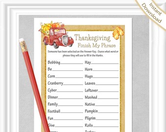 THANKSGIVING - Finish My Phrase game (Instant Download), Thanksgiving activity, Adult or Children's game in a gold autumn/fall theme
