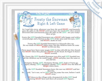 RIGHT and LEFT Story/Game, Frosty the Snowman Winter or Christmas party game, White Elephant Game, Cookie Exchange, Baby/Bridal shower game