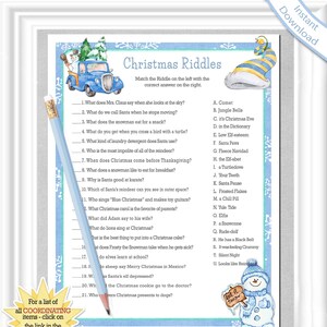 CHRISTMAS RIDDLES with a blue snowflake theme, Kids Holiday Game, Family Party Game, Office Party Game, ANSWERS included, Christmas Game