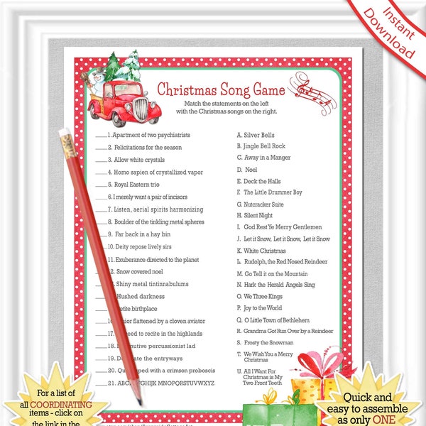 CHRISTMAS Song Game, Christmas Carol Game, Match the Songs, Family Game, Office Party Game, Red dots, Christmas Eve, ANSWERS Included