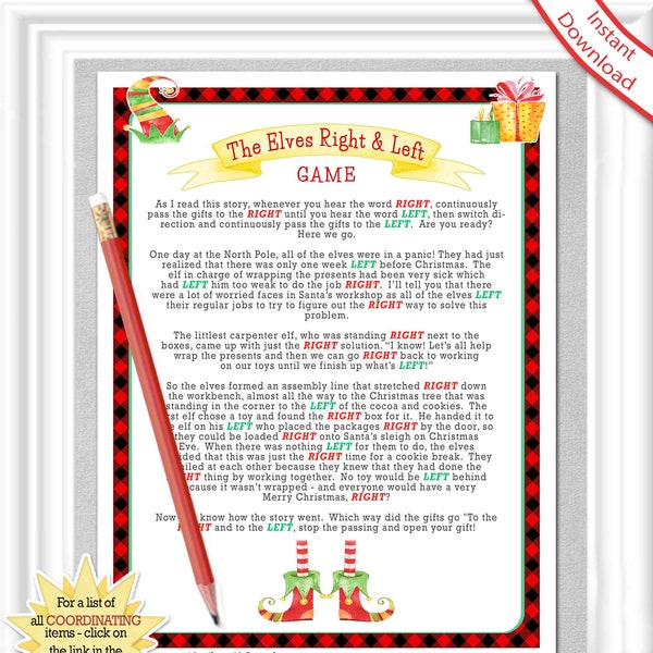 RIGHT and LEFT Christmas Game with ELVES, White Elephant Game in a red lumberjack plaid design, Holiday Office Party Game, Family Game,