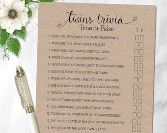 TWINS Trivia - TRUE or FALSE- Trivia Baby Shower Game, Answers included 2 versions,rustic Kraft paper, black & white,  Rustic country, 152BA