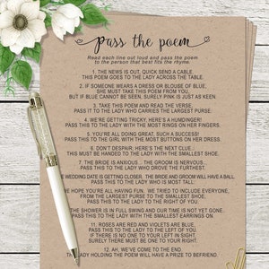 PASS THE POEM Bridal Shower Game (Instant Download),2 versions,rustic Kraft paper, black & white, Bachelorette game, BoHo Bridal Shower,92BR