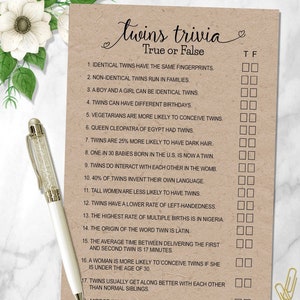 TWINS Trivia - TRUE or FALSE- Trivia Baby Shower Game, Answers included 2 versions,rustic Kraft paper, black & white,  Rustic country, 152BA