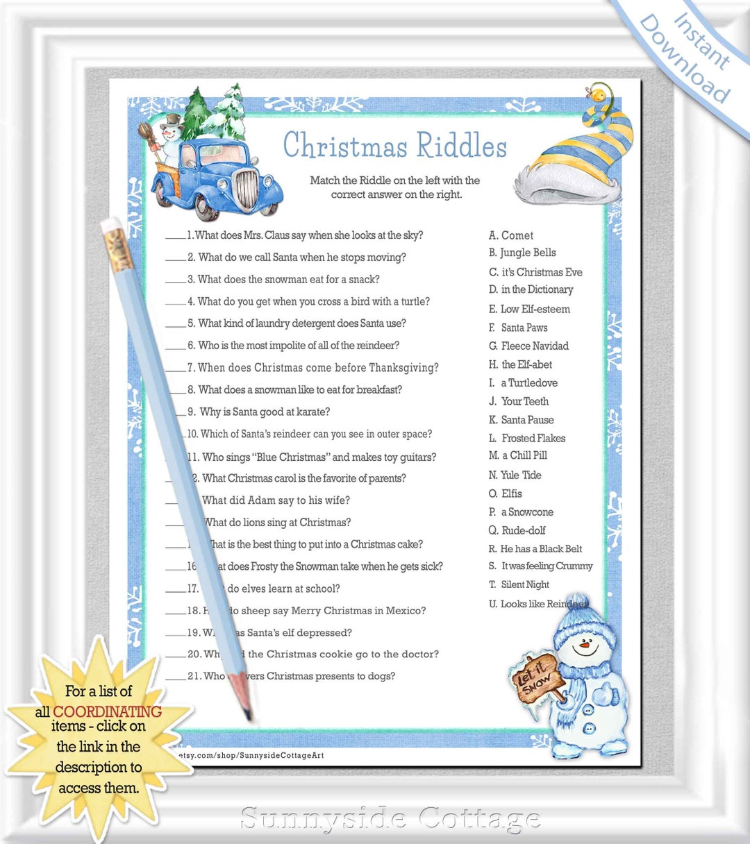 CHRISTMAS RIDDLES With a Blue Snowflake Theme, Kids Holiday Game ...