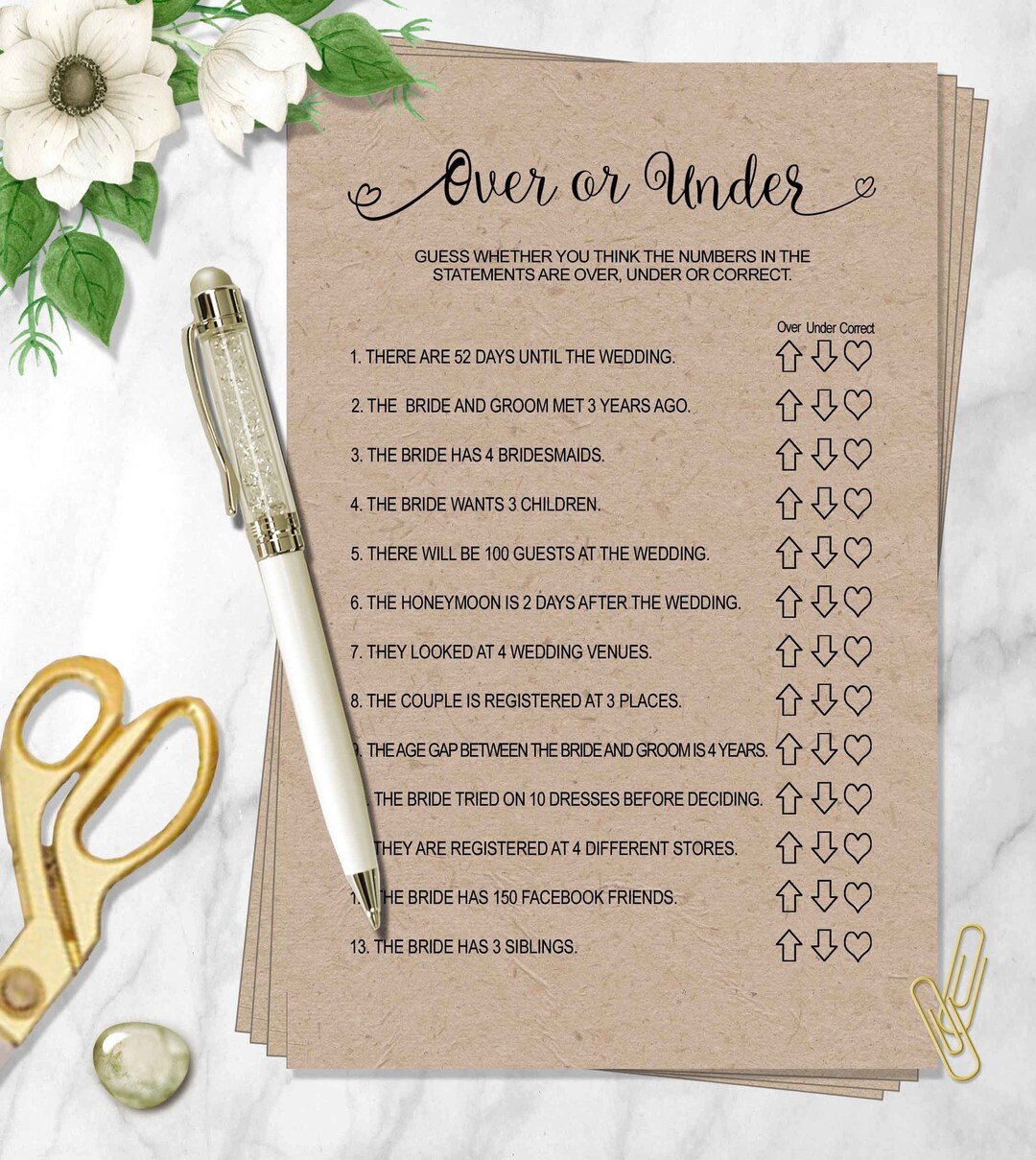 OVER or UNDER BRIDAL Shower Game (instant Download), 2 Versions, Rustic ...