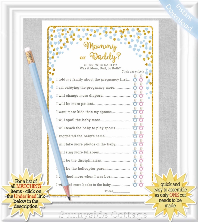 What did MOMMY and DADDY say Baby Shower game with gold and Etsy