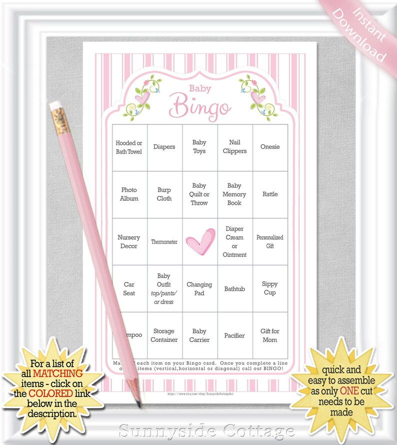 66 card Baby BINGO pre-populated cards with vintage pink and white ticking stripes No DUPLICATES diy PRINTABLE 29BA